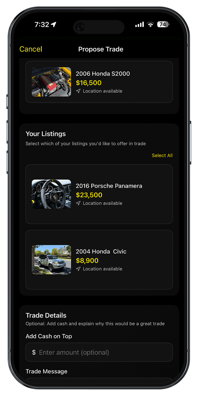 MotoMart app on iPhone showing the propose trade screen