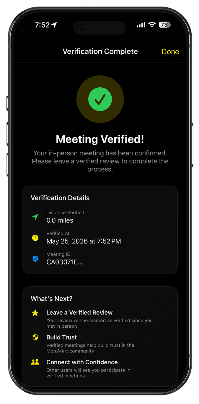 MotoMart app on iPhone showing the QR verification screen